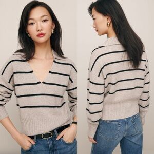 REFORMATION Beckie Cashmere Collared Sweater in Barely With Black Stripe M